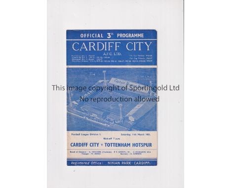 TOTTENHAM HOTSPUR 1960/1     Programme for the away League match v Cardiff City 11/3/1961, very slight vertical crease.    Ge