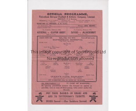 TOTTENHAM HOTSPUR      Single sheet programme for the home FLS match v QPR 3/2/1945, horizontal fold and scores entered.    G