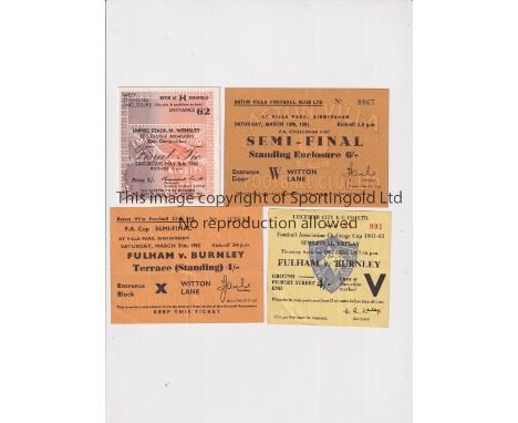 BURNLEY     Four FA Cup tickets: FA Cup Semi-Final v Tottenham 1961, FA Cup Semi-Final 1962 v Fulham and Replay and Final v T