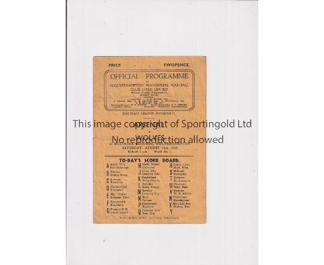WOLVES V ARSENAL 1946 / FIRST LEAGUE MATCH AFTER WWII     Programme for the match at Wolves 31/8/1946, horizontal folds.    G