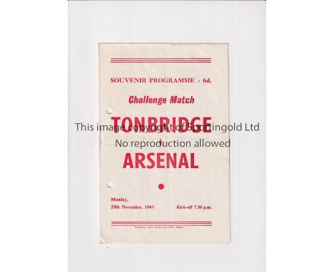 ARSENAL      Programme for the away First team friendly v Tonbridge 25/11/1963, punched holes, slightly creased and team chan