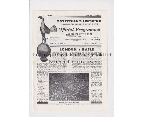 LONDON V BASLE 1956 AT TOTTENHAM      Programme for the Inter-Cities Cup match 4/5/1956, horizontal fold.     Generally good