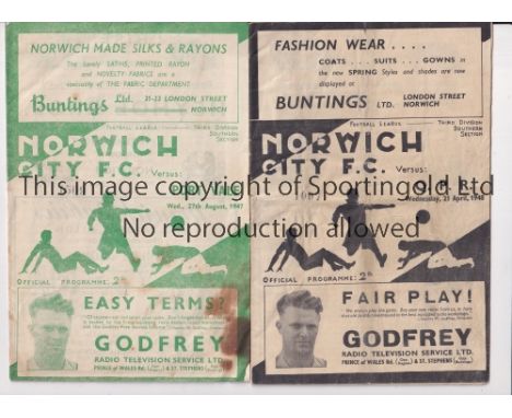 NORWICH CITY      Two home programmes for 1947/8 season v QPR slightly creased and Port Vale, marked plus a share application