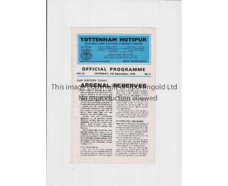 TOTTENHAM HOTSPUR V ARSENAL 1970/1    Programme for the Football Combination match at Tottenham 5/9/1970. Arsenal Double seas