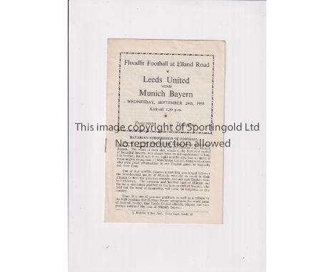 LEEDS UNITED      Programme for the home Friendly v Bayern Munich 24/9/1958 slightly creased.     Generally good