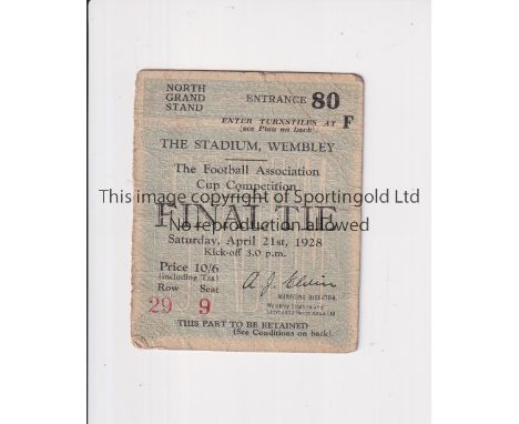 1928 FA CUP FINAL     Seat Ticket for Huddersfield Town v Blackburn Rovers, creased, slightly worn and team and score on the 