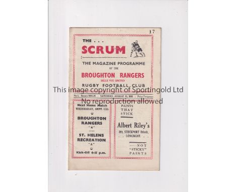 RUGBY LEAGUE 1935 / FIRST STREATHAM MATCH     Programme for Broughton Rangers at home v Streatham &amp; Mitcham 31/8/1935, sl