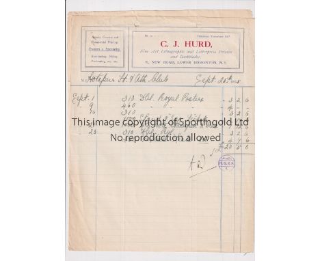 TOTTENHAM HOTSPUR      Two sheets from a ledger belonging to C.J.Hurd, who were printers, relating to Spurs from September 19
