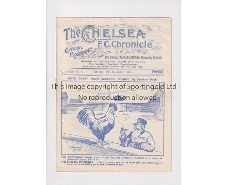 CHELSEA       Programme for the home League match v Tottenham Hotspur 15/9/1934, punched holes.    Fair