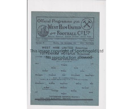 WEST HAM UNITED V TOTTENHAM HOTSPUR 1946     Single sheet programme for the Football Combination match at West Ham 11/11/1946