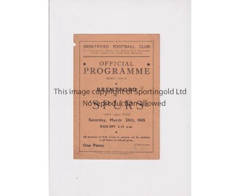 TOTTENHAM HOTSPUR     Programme for the away FL South match v Brentford 24/3/1945, tiny paper loss on spine, score on cover a