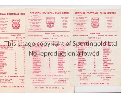 ARSENAL    Seven Reserve team programmes for season 1973/4: home v Fulham, slightly creased and scores entered, Ipswich, Leic