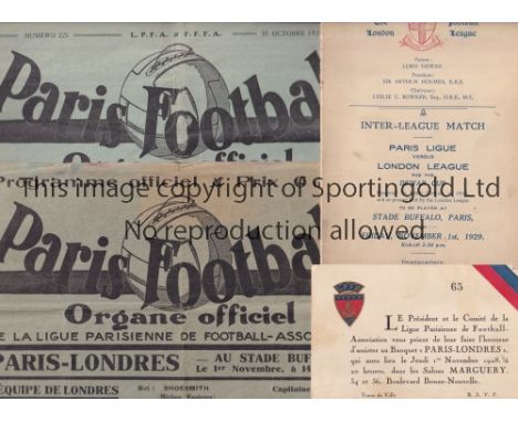 PARIS V LONDON 1929      Programme, official Paris Football Association newspaper, Banquet Invitation ticket and London Footb