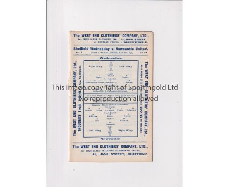 SHEFFIELD WEDNESDAY V NEWCASTLE UNITED 1905      Programme for the League match at Owlerton in Newcastle's first Championship