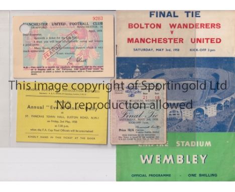 1958 FA CUP FINAL BOLTON V MANCHESTER UNITED   Programme, ticket, successful voucher card and ticket to the Eve of Final Rall