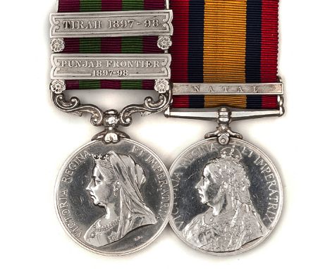 Pair:  I.G.S. 1895, 2 clasps Punjab Frontier 1897-98, Tirah 1897-98 (script engraved 3090 Pte. W R King 1st Bn Devon Regt); Q