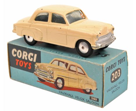 Corgi Toys Vauxhall Velox Saloon (201). Example in cream with smooth wheels. In early blue box, minor wear. Vehicle GC a few 