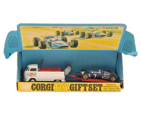 Corgi Toys Gift Set 6 Volkswagen Truck with Trailer & Cooper Maserati F/1. . Volkswagen in white with yellow interior and red