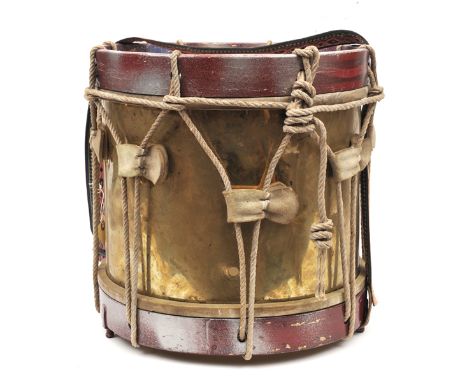 A brass sidedrum, wooden rims, with cords and tensioners, stamped with Vic R Arms and name “George Potter & Co, Makers, Alder