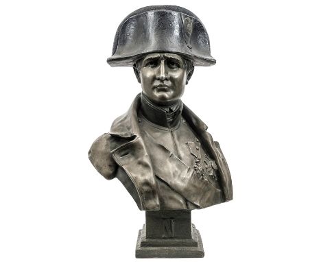 A hollow cast half length bust of Napoleon,  wearing bicorne hat and coat with sash and medals, integral plinth with applied 