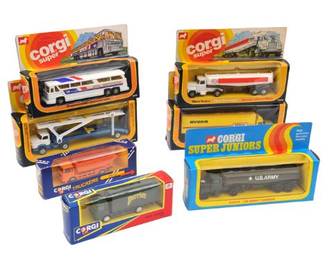 12 Corgi Super/Super Juniors etc trucks 1978 on. Vehicles include US Army Tanker (E2011) in olive green livery. Military Tran