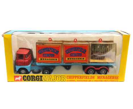 Corgi Major Toys Chipperfields Menagerie – Scammell Handyman MK3 Tractor Unit and Trailer (1139). In light blue and red liver