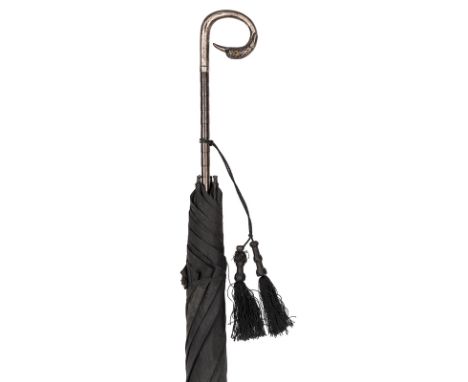 A good quality Edwardian umbrella of the Ayr Arms Hotel, the hollow silver handle in the form of a curled seabird’s head with