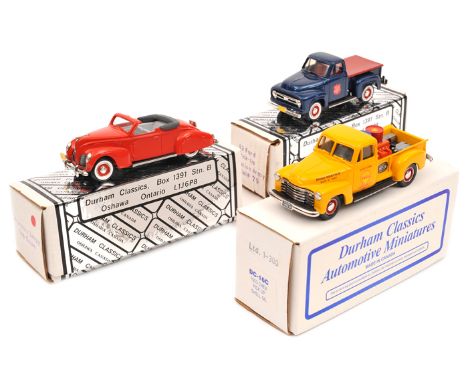 3 Durham Classics white metal models.  A 1938 Lincoln Zephyr – Top Down in bright red (DC9B). A 1953 Ford Pick-Up ‘Salvation 