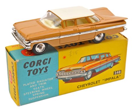 Corgi Toys Chevrolet Impala (248). Example in light brown with cream roof and yellow interior. Fitted with spun wheels. Boxed