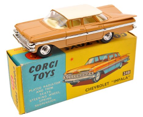 Corgi Toys Chevrolet Impala (248). Example in light brown with cream roof and yellow interior. Fitted with spun wheels. Boxed