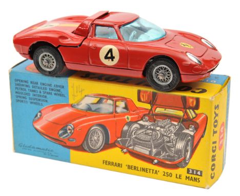 Corgi Toys Ferrari Berlinetta 250 Le Mans (314). In red with yellow flash, RN4. Light blue glazing and plated interior. Boxed