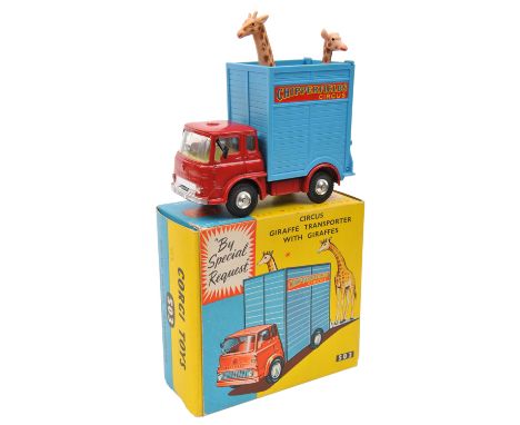 Corgi Toys Circus Giraffe Transporter with Giraffes (503). In red and light blue Chipperfields Circus livery, with yellow int
