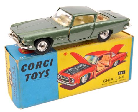 Corgi Toys Ghia L.6.4 (241). Example in metallic green with cream interior. Fitted with spun wheels. Boxed, minor wear, with 