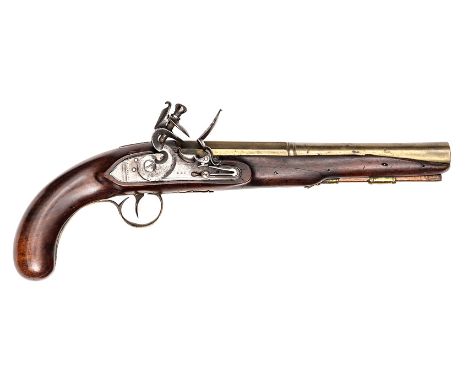 A 24 bore brass barrelled flintlock holster pistol by “K& C” (Ketland & Co ?), c 1800,  14½” overall, 2 stage barrel 9”, the 