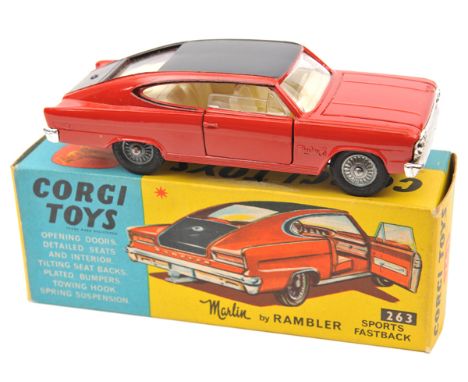 Corgi Toys Marlin by Rambler Sports Fastback (263). In red and black with white interior. Example with cast detailed wheels. 