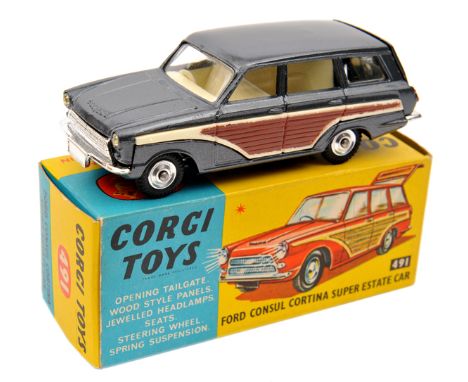 Corgi Toys Ford Consul Cortina Super Estate Car (491). An example in metallic grey with ‘woodwork’ to sides and cream interio