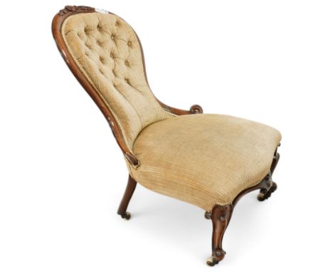 Victorian Walnut framed reclined nursing chair, button upholstered velvet seat, scroll legs on ceramic castorsDimensions: Hei