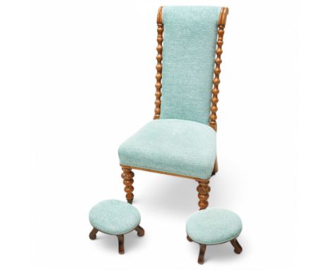 Victorian walnut framed bobbin turned chair, pale teal upholstery, with pair of carriage stoolsDimensions: Height:&nbsp;100cm