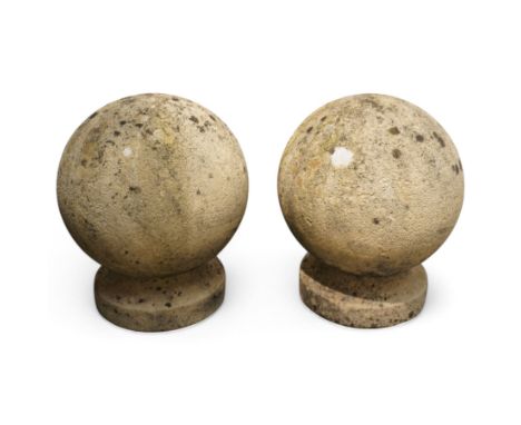 Pair of cast stone spherical ball garden finials or gate post topsDimensions: Height:&nbsp;36cm&nbsp; Depth/Diameter:&nbsp;28