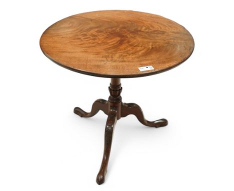 George III mahogany tripod table, circular tilt-top on turned pedestal, part fluted column cabriole legs with an acanthus  ca
