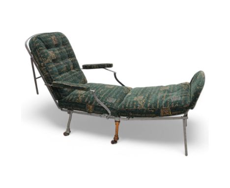Victorian foldable day bed, button back padded arms, reupholstered in a green fabric with Latin script, turned feet with cera