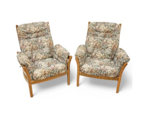 Lucian Ercolani for Ercol - pair of model '903' elm armchairs, with loose cushions upholstered in floral pattern fabricDimens
