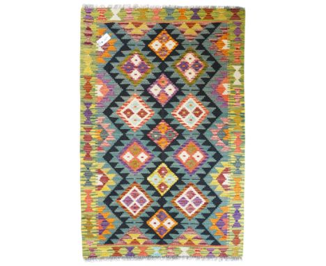 Maimana Kilim rug in shades of green, decorated with stepped lozenges Dimensions: Length/Width:&nbsp;149cm&nbsp; Depth/Diamet