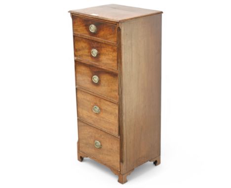 George III mahogany pedestal chest, fitted with five cock-beaded drawers, enclosed by reed moulded canted uprights, on bracke
