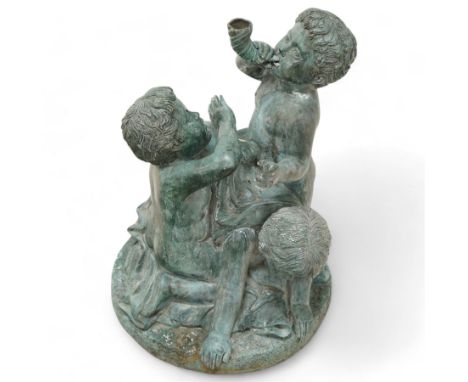 Cast bronze garden water fountain in the form of three Putti on circular naturalistic base, stamped 'Leonardo Rossi'  Dimensi