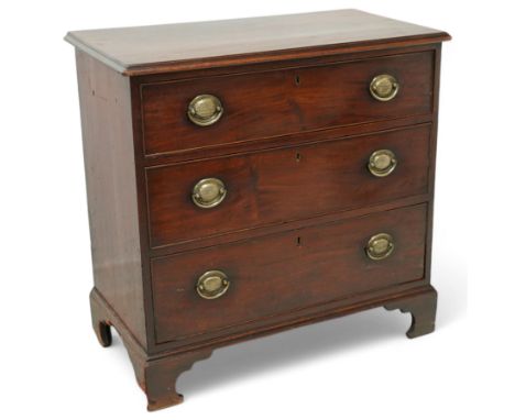 George III mahogany chest, moulded rectangular top over three long cock-beaded drawers, pressed brass oval handle plates, on 