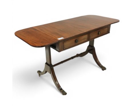 19th Century Georgian style Mahogany drop leaf sofa table, with reeded edges, two frieze drawers with lion mask handles, supp