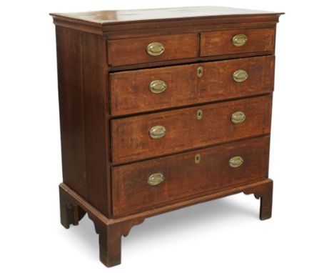 18th century oak chest, fitted with two short over three long drawers, each drawer front with mahogany band and pressed brass