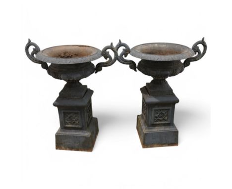 Pair of cast metal kylix-shaped garden urns on pedestals 96x87cm (61cm urn diameter)Condition Report:One handle loose 