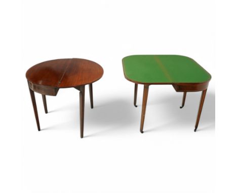 19th century rosewood and satinwood banded card table, D-shaped fold-over top, double gate-leg action base, on square taperin